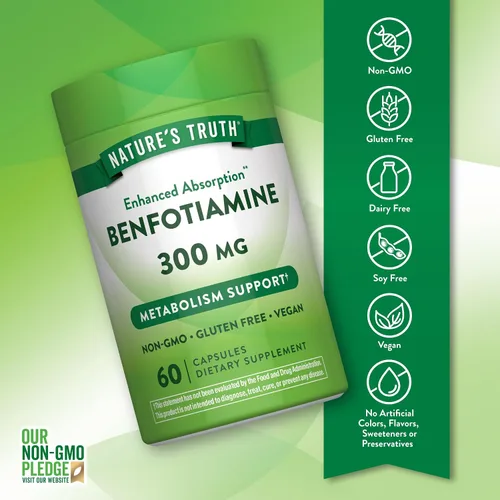 Miniatura 3 de Nature's Truth Benfotiamina 300 mg 60 unidades Suplemento vegano, sin OMG y sin gluten Precursor de vitamina B1