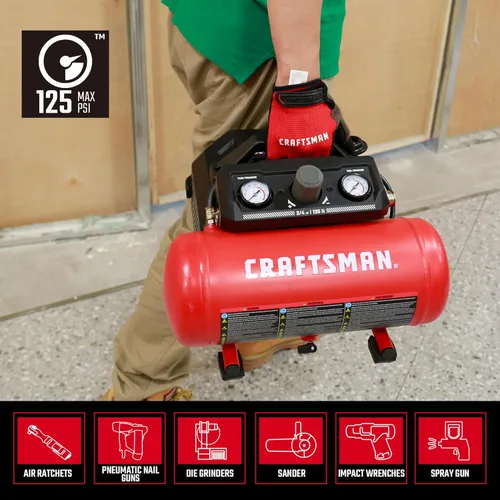 Miniatura 4 de Craftsman Compresor de aire portátil de 1.5 galones, 3/4 HP, 1.5 CFM@90PSI, máximo 125 PSI, sin aceite, compresor de aire ligero para taller