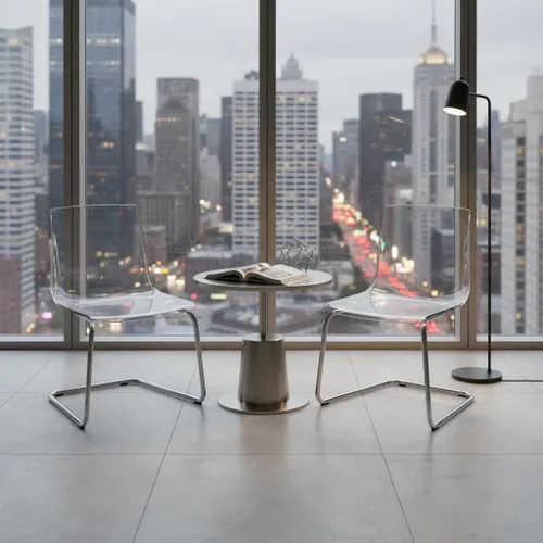 Miniatura 6 de Silla fantasma moderna transparente, asiento de acrílico transparente sobre base de metal resistente, diseño curvado ergonómico para oficina