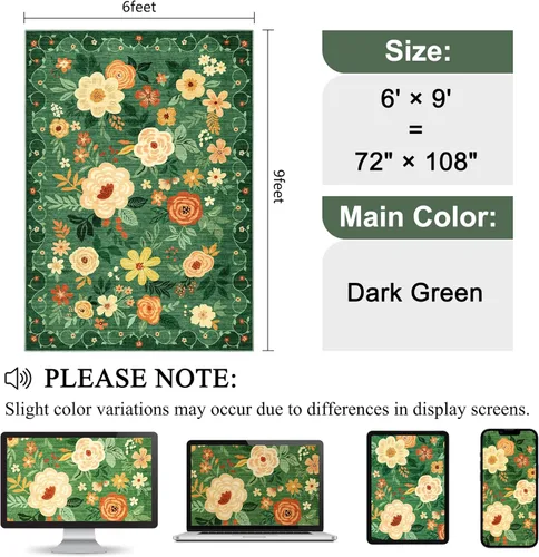 Miniatura 2 de DUKINO Alfombra de área de 6 x 9 pies, alfombra floral para sala de estar, ligera, antideslizante, lavable, alfombra de interior de pelo bajo