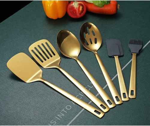 Miniatura 3 de Cucharones de cocina dorados, Berglander juego de 6 espátulas de acero inoxidable, espátula metálica, cuchara para servir, juego de utensilios