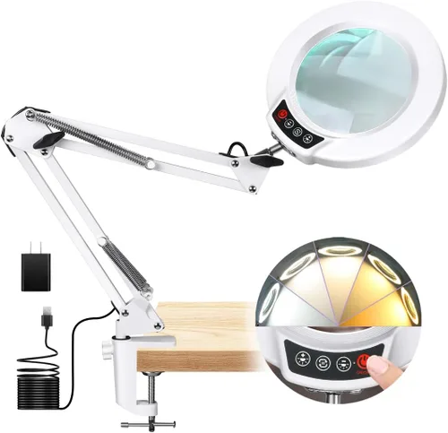 Miniatura 17 de Lámpara de lupa de 10 aumentos con luz y soporte, lámpara de escritorio y abrazadera 2 en 1, Seylae con 5 modos de color, lupa iluminada LED