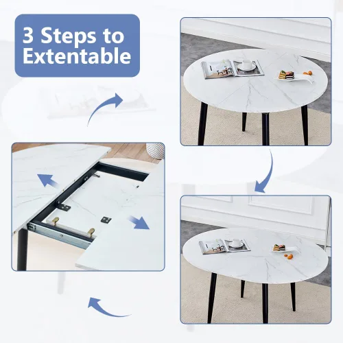 Miniatura 6 de Juego de mesa de comedor extensible de 42 a 54 pulgadas para 4, juego de mesa de comedor ovalada redonda para 4, mesa de cocina blanca con sillas 2º