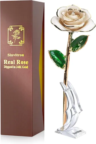 Miniatura 17 de Sinvitron Rosa Infinita Bañada en Oro - Rosa Eternamente Preservada en Resina Flor Eterna para Decoración de Cumpleaños, Día de la Madre, Rojo