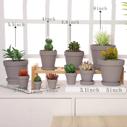 Miniatura 3 de Yishang Macetas grandes de terracota con platillo, paquete de 4 macetas grandes de terracota de 6 pulgadas con orificio de drenaje, maceta con Gris