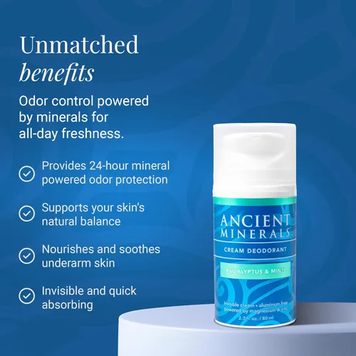 Miniatura 3 de Ancient Minerals Crema desodorante natural, aroma a eucalipto y menta, sin aluminio, desodorante vegano para mujeres y hombres con magnesio, zinc