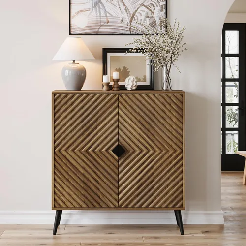 Miniatura 8 de Aparador con estante ajustable, buffet pequeño de nogal independiente con almacenamiento, gabinete de consola de madera con puertas de parquetería