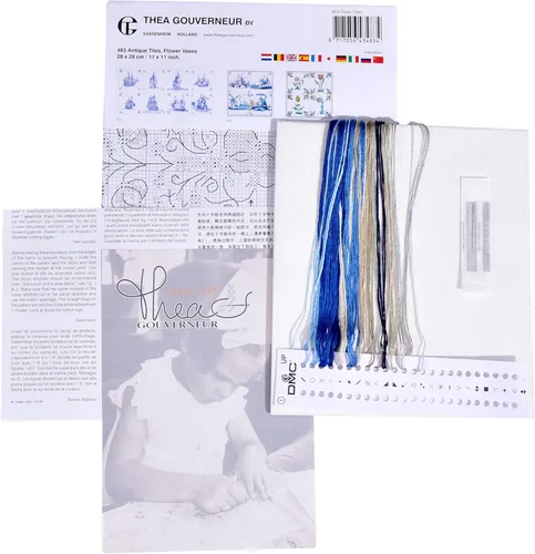Miniatura 5 de Thea Gouverneur - Kit de punto de cruz contado, jarrones de flores de azulejos antiguos, Aida, 18 unidades, kit de bordado para adultos, hilos