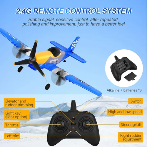 Miniatura 6 de Avión RC de 3 canales y 2.4 GHZ, P51D Mustang Fighter con 2 baterías, KF602 Sistema de estabilización de giroscopios de avión de control remoto