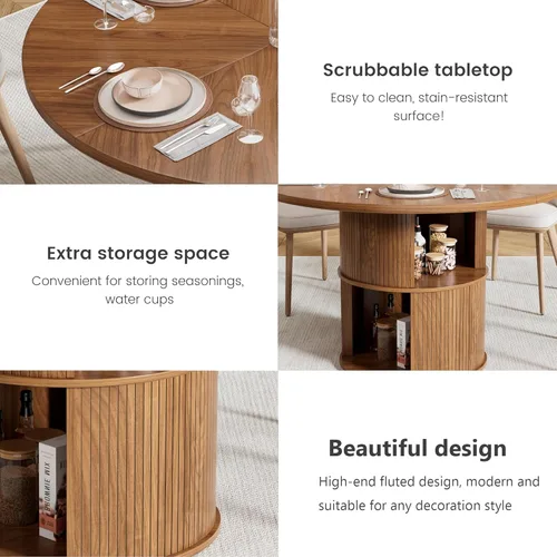 Miniatura 5 de Mesa de comedor redonda de 47 pulgadas para 4, mesa de comedor de cocina de granja con estante de almacenamiento de 2 capas y panel estriado