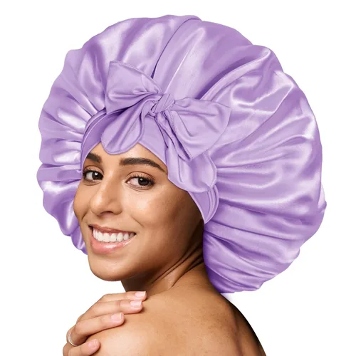 Miniatura 35 de Gorro de satén de seda para dormir con banda ancha para cabello rizado, color rosado oro rosa claro