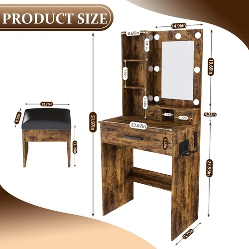 Miniatura 2 de Dressing table with mirror and adjustable LED light, built-in power socket, with 1 large drawer, 2 compact drawers, built-in power socket hairdryer