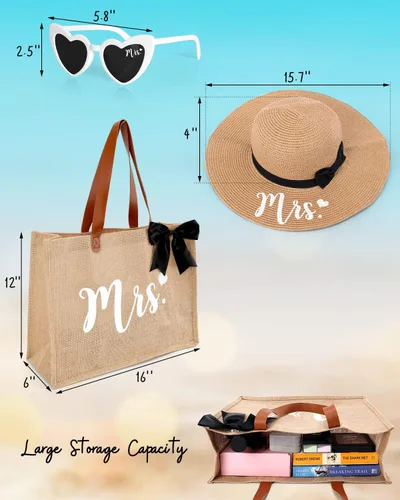 Miniatura 4 de Percozzi Wifey Bride Tote Bag Sun Hat Glasses Set Bride-To-Be Shower Gift Honeymoon Jute Bag Kit multicolor/fantasía (MRS)