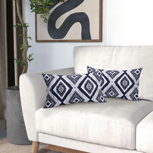 Miniatura 6 de Juego de 2 fundas de almohada lumbares geométricas de color azul marino y blanco de 12 x 20 pulgadas, color azul índigo, marfil, diamante Ikat