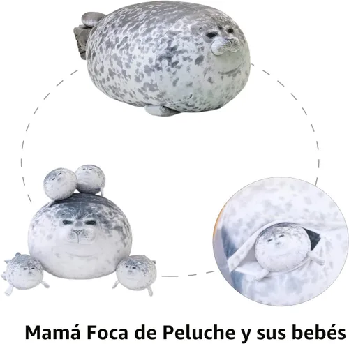 Miniatura 6 de SQEQE Chubby Seal Almohada de peluche con 4 peluches de foca de bebé en su barriga, juguete de peluche de algodón de peluche para niños y adultos
