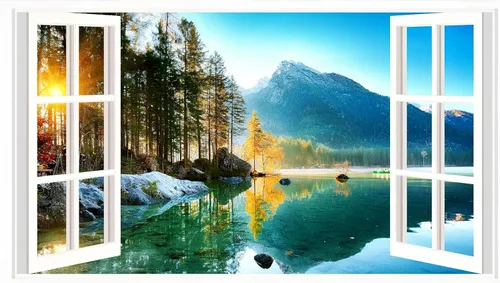 Miniatura 11 de Calcomanías de pared de paisaje, 3D, montaña, bosque, lago, calcomanías de pared extraíbles para ventana falsa, despegar y pegar, calcomanías