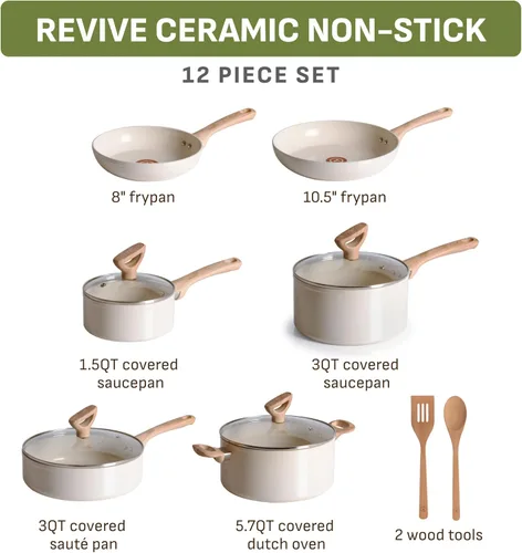 Miniatura 2 de T-Fal Revive Juego de Utensilios de Cocina Antiadherentes de Cerámica, Apto para Horno hasta 350ºF, 12 Piezas, Incluye Olla Grande, Cacerola
