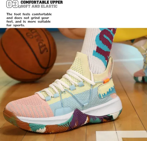 Miniatura 4 de ASHION Zapatos de baloncesto unisex para niños y niñas, tenis de caña alta, transpirables, con amortiguación al aire libre, zapatos deportivos