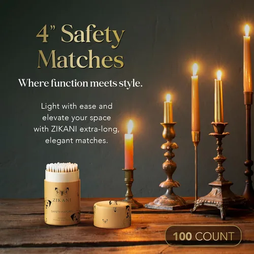 Miniatura 2 de 4-Pulgadas Cerillas Decorativas Elegantes + Pastilla de Encendido (100 Unidades) Cerillas de Madera de Punta Blanca y Seguras para Velas, Baño y Más