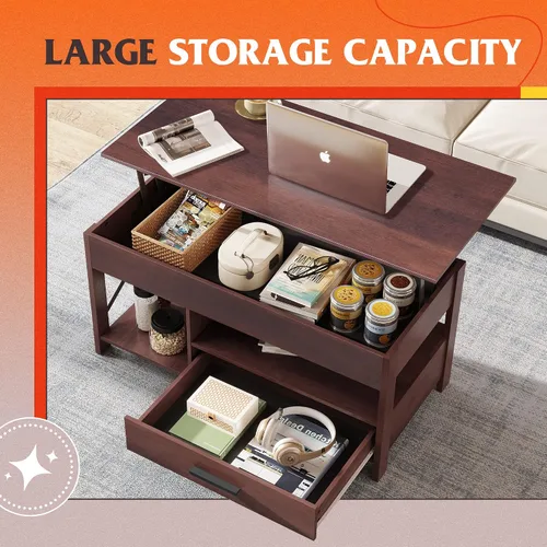 Miniatura 5 de WLIVE Mesa auxiliar elevable, mesa auxiliar de 39 pulgadas con cajones de almacenamiento, compartimento oculto, mesa central de madera para sala