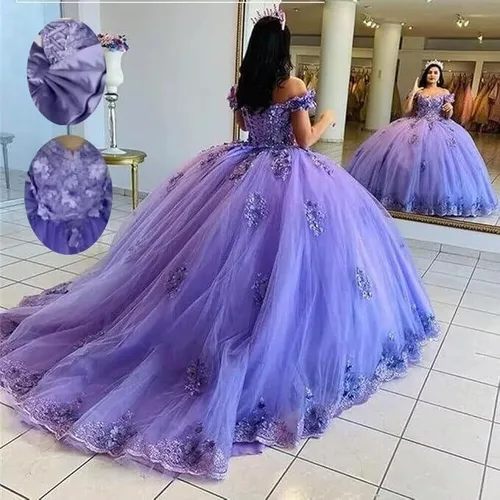 Miniatura 2 de XYAYE Vestido de quinceañera con cuentas de encaje con hombros descubiertos para mujer, vestido de fiesta con flores 3D hinchadas, dulces 15 16