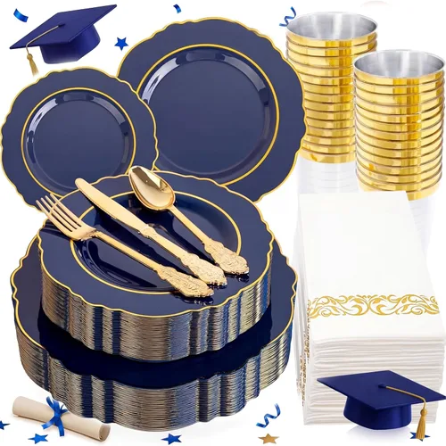 Miniatura 11 de KIRE - 30 platos de plástico azul con borde dorado y cubiertos desechables, vasos azules y servilletas de mano, vajilla de plástico azul Rosa claro