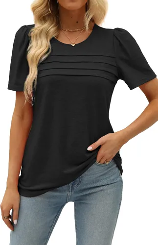 Miniatura 62 de JomeDesign - Camisetas casuales de verano para mujer, manga corta, cuello redondo, manga abullonada