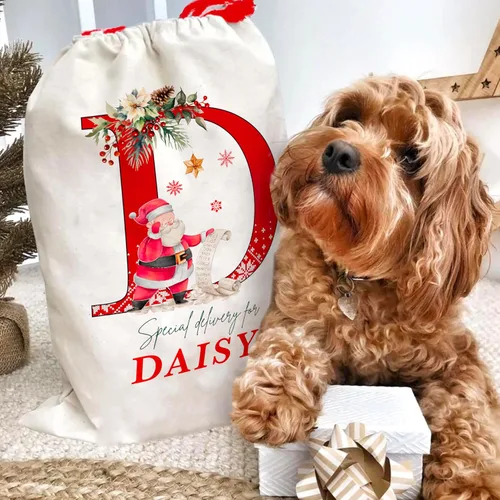 Miniatura 5 de Saco de Santa de Navidad inicial personalizado, bolsa de regalo de Navidad personalizada, bolsa de cordón con monograma