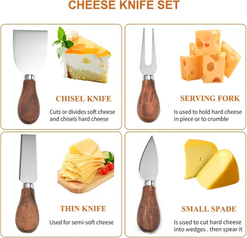 Miniatura 8 de Exquisito juego de cuchillos de queso de 4 piezas, colección completa de cuchillos de queso de acero inoxidable (mango de madera de acacia), listo
