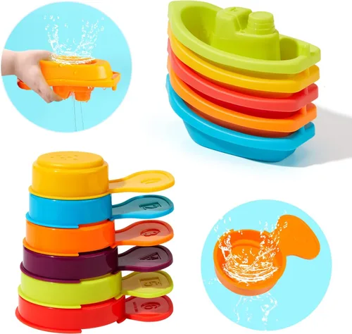 Miniatura 9 de Juguetes de baño para bebés, 11 piezas Juguetes de baño sin molde para niños pequeños con barquitos de baño Cucharas de baño educativas