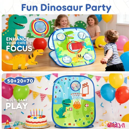 Miniatura 2 de Juego de juegos de cornhole de dinosaurio para niños, juego de lanzamiento de bolsas de frijoles 6 en 1, tablero de dardos de baloncesto
