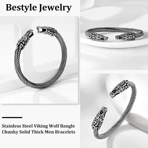 Miniatura 2 de Bestyle Brazalete vikingo de acero inoxidable pesado para hombres y niños, pulsera ajustable abierta de cuervoloboruna, vintage, retro, joyería