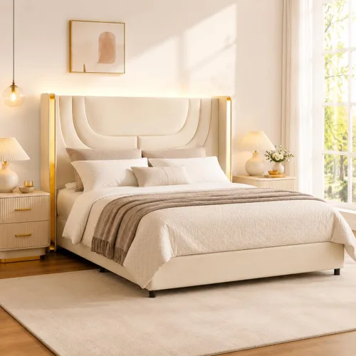 Miniatura 10 de REVOMINCA Base de cama individual con luces LED, plataforma tapizada de piel sintética con cabecera de ala plateada, estilo moderno, no necesita