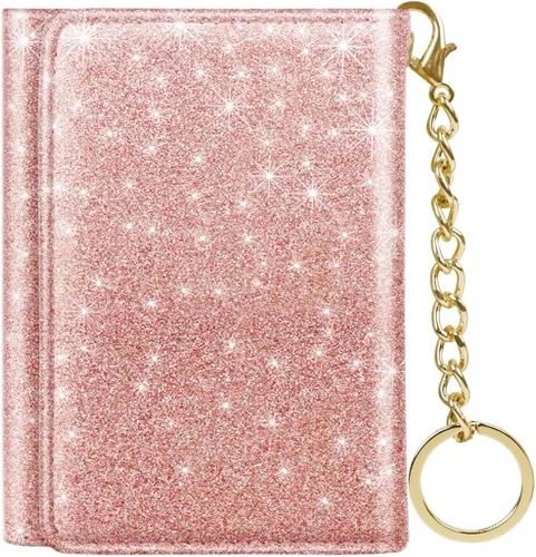 Miniatura 9 de Billetera triple para mujer, pequeña, delgada, con bloqueo RFID, bonito tarjetero de cuero con bolsillo largo para efectivo y llavero, Azul Flores