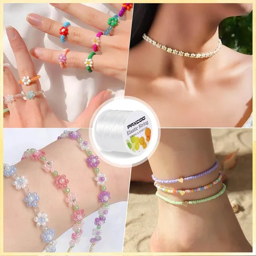 Miniatura 7 de Paxcoo 1,4 mm de cuerda elástica para pulseras, cordón de cuentas elástico blanco para hacer pulseras