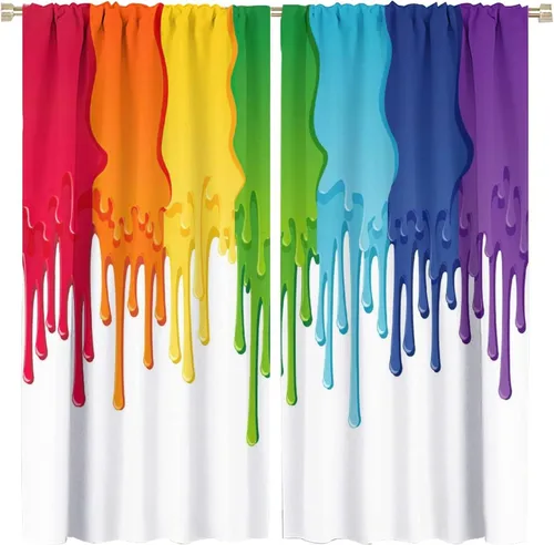 Miniatura 76 de Cortinas opacas abstractas de arco iris, pintura de color arcoíris con gotas, diseño gráfico creativo con bolsillo para barra, para sala de estar