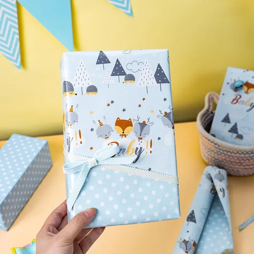 Miniatura 5 de Homeral Rollo de papel para envolver regalos azul para baby shower - Rollo mini - 17 pulgadas x 16.5 pies - Juego reversible de papel de regalo