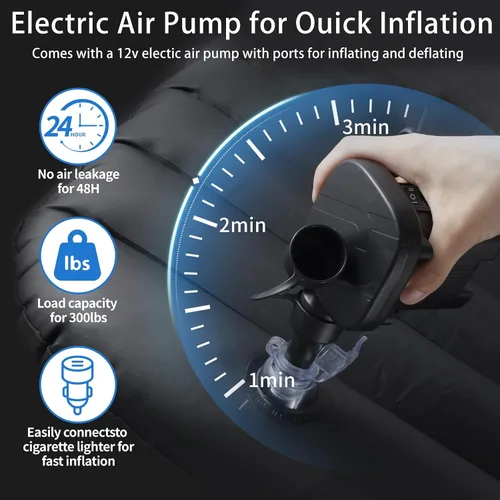 Miniatura 6 de Onirii, Colchón inflable con respaldar para el automóvil, inflador portátil, para viajes, campamentos, vacaciones, con almohadillas inflables