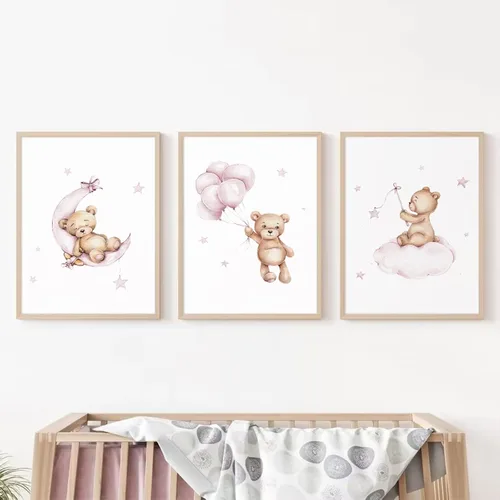 Miniatura 19 de Baccone Arte de pared para habitación de guardería con oso de peluche, póster para habitación de bebé niño o niña, decoración de pared de guardería