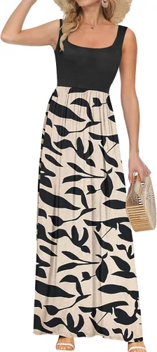 Miniatura 20 de AUSELILY Vestido largo con cuello cuadrado para mujer, sin mangas, floral, holgado, con bolsillos