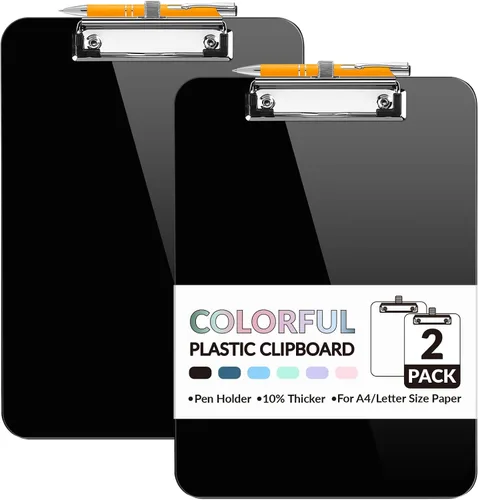 Sooez Portapapeles de plástico con soporte para bolígrafo, [10% más grueso] Tableros de clip de 8.5 x 11 pulgadas con clip de perfil bajo, bonito