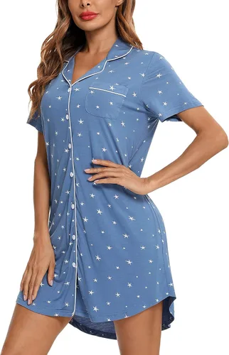 Miniatura 96 de Samring Camisón de pijama para mujer, manga corta/larga, con botones, camisón para dormir, camisón para novio, talla XXL