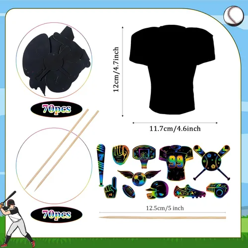 Miniatura 2 de Qilery Juego de 70 piezas de papel deportivo para raspar con lápiz óptico de madera y cintas, pelota deportiva, almohadilla de papel arcoíris
