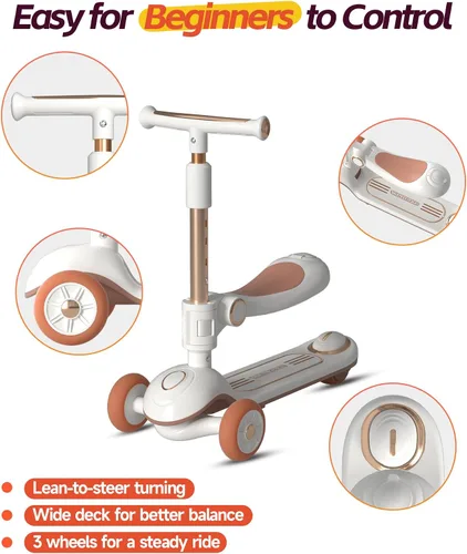 Miniatura 4 de 2-in-1 Toddler Scooter with Seat, First Scooter for Kids Ages 2–5, Sit-to-Stand Training Scooter, 3 Wheel Lean-to-Steer, Adjustable Handlebars