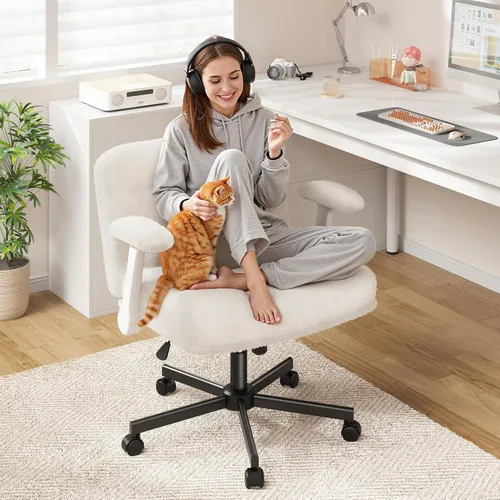 Miniatura 7 de DurayLoly Silla Criss Cross con Ruedas, Silla de Oficina con Reposabrazos Levadizos, Silla de Tocador para Dormitorio, Oficina en Casa, Apartamento