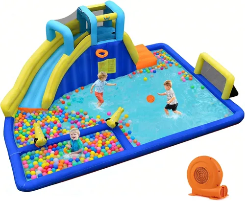Miniatura 9 de BOUNTECH Tobogán acuático inflable, parque acuático para niños, castillo de salto de fútbol acuático con cañones dobles, piscina de salpicaduras