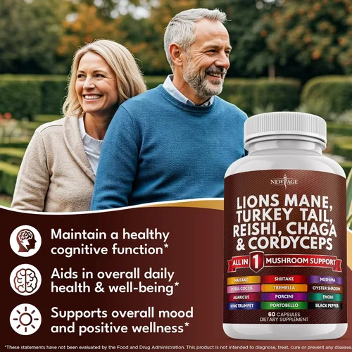 Miniatura 4 de NEW AGE Suplemento de hongo de melena de león con cola de pavo Reishi Cordyceps Chaga con raíz de malvavisco, 180