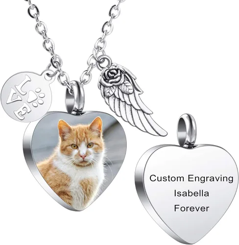 Miniatura 12 de MeMeDIY Collar personalizado con dije de urna de cenizas con estampado de pata de corazón, nombre personalizado, foto, fecha para mujeres, hombres