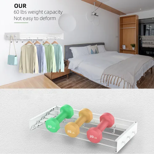 Miniatura 7 de Tendedero de secado para ropa, montaje en pared, plegable, plegable, capacidad de 60 libras, 5 postes de aluminio con 6 ganchos, ahorro de espacio