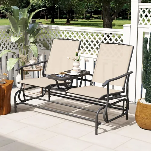 Miniatura 4 de Tangkula Silla mecedora para 2 personas, sofá biplaza mecedora para patio con mesa central de vidrio templado, banco de columpio para exteriores